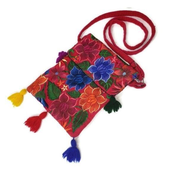 Handcrafted Floral Embroidered Crossbody Bag Pom Tassels zip closure festival - Picture 3 of 8